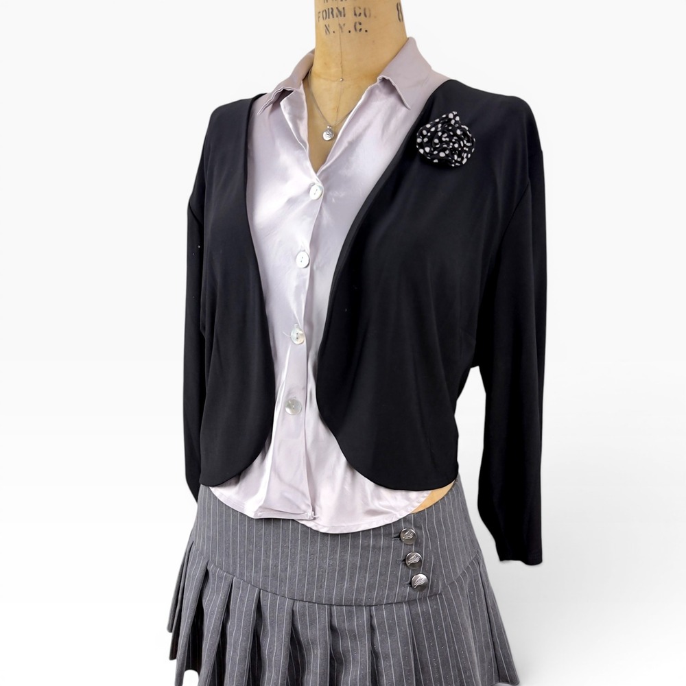 Y2K Rosette Brooch Bolero Shrug Polka‎ Dot Open 3/4 Sleeve Dark Romantic Size L